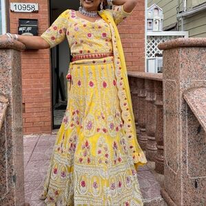 Yellow Embellished Pleated Maxi Skirt for Weddings
